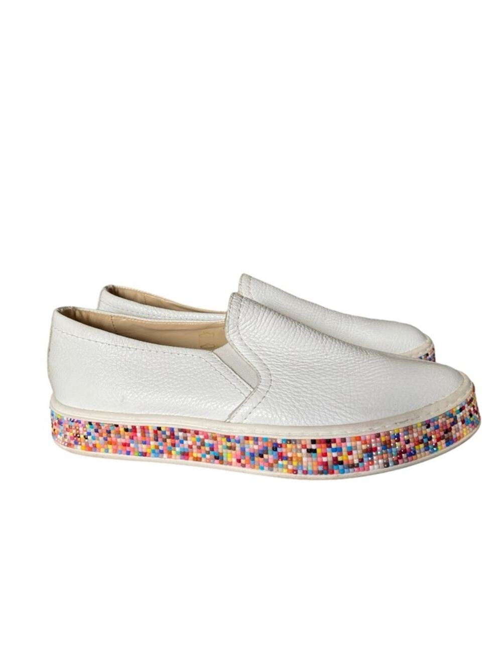 Dune London White Leather Slip-On Sneakers Embellished Multicolor Beaded size 8